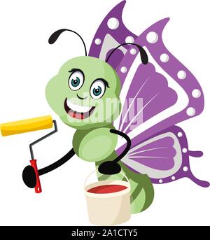 Butterfly with paintbrush, illustration, vector on white background. Stock Vector