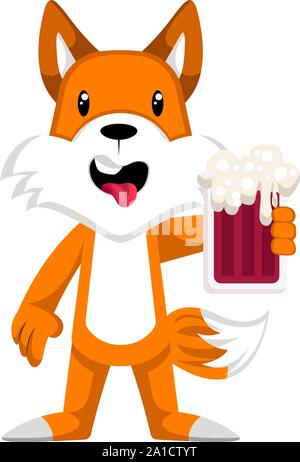 Fox with beer, illustration, vector on white background. Stock Vector