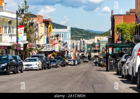 Park City, USA - July 25, 2019: Ski resort famous town in Utah during summer with downtown colorful historic buildings and cars Stock Photo