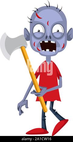 Zombie with axe, illustration, vector on white background. Stock Vector