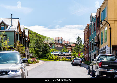 Park City, USA - July 25, 2019: Ski resort famous town city in Utah during summer with downtown historic buildings and cars Stock Photo