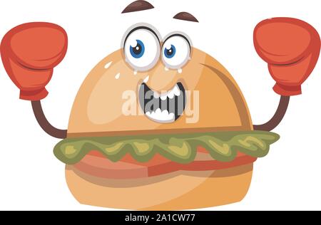 Burger with red gloves, illustration, vector on white background. Stock Vector