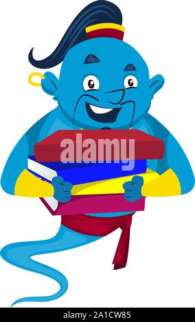 Genie with books, illustration, vector on white background. Stock Vector