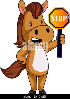 Horse with stop sign, illustration, vector on white background. Stock Vector