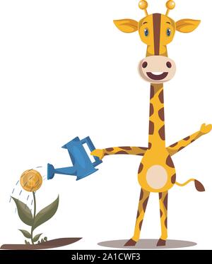 Giraffe watering plants, illustration, vector on white background. Stock Vector