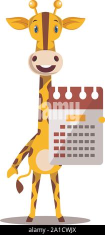 Giraffe with calendar, illustration, vector on white background. Stock Vector