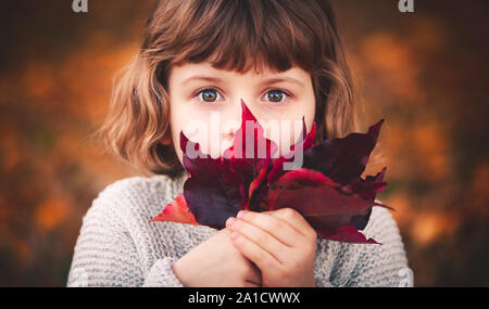 Little caucasian girl is covering her face with a fall leaf and looking straight at the camera Stock Photo