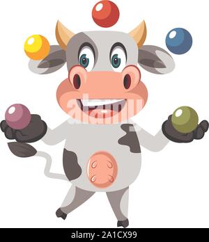 Cow juggling, illustration, vector on white background. Stock Vector