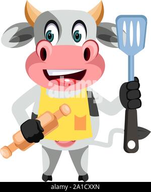 Cow with rolling pin, illustration, vector on white background. Stock Vector