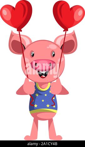 Pig with love balloons, illustration, vector on white background. Stock Vector