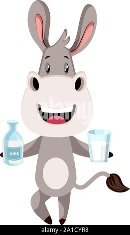 Donkey with milk, illustration, vector on white background. Stock Vector