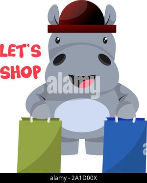Hippo shopping, illustration, vector on white background. Stock Vector