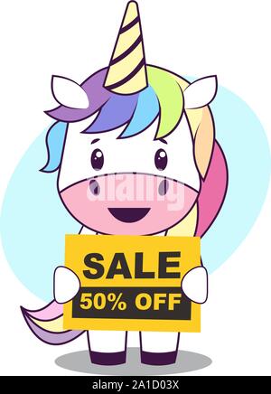 Unicorn with sale sign, illustration, vector on white background. Stock Vector