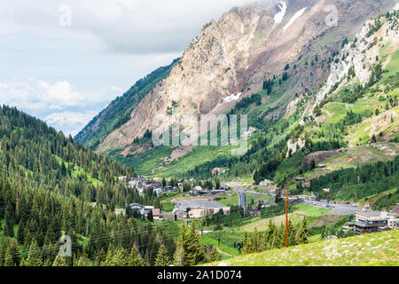Alta, USA - July 27, 2019: High angle view of small ski resort town village from Albion Basin, Utah in summer and Cottonwood Canyon Stock Photo