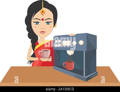 Indian woman making coffee, illustration, vector on white background. Stock Vector