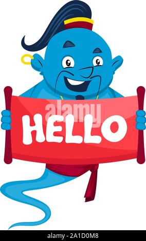 Genie with hello sign, illustration, vector on white background. Stock Vector