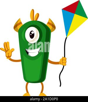 Monster with flying kite, illustration, vector on white background. Stock Vector