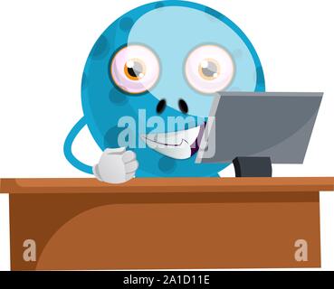 Blue monster working on pc, illustration, vector on white background. Stock Vector