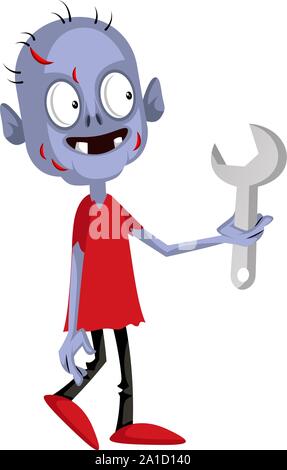 Zombie with wrench, illustration, vector on white background. Stock Vector