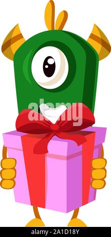 Monster with birthday present, illustration, vector on white background. Stock Vector