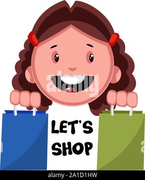 Lets shop girl emoji, illustration, vector on white background. Stock Vector