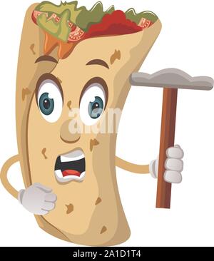 Burrito with hammer, illustration, vector on white background. Stock Vector