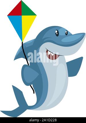 Shark with flying kite, illustration, vector on white background. Stock Vector