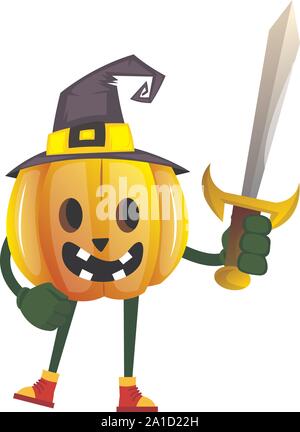 Pumpkin with sword, illustration, vector on white background. Stock Vector