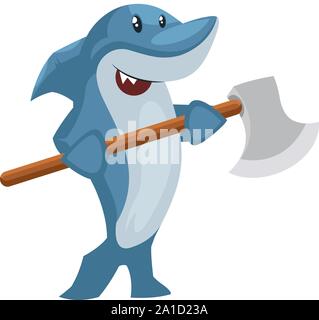 Shark with big axe, illustration, vector on white background. Stock Vector