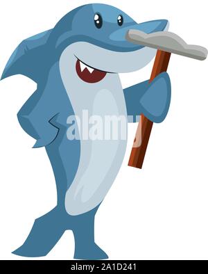 Shark with hammer, illustration, vector on white background. Stock Vector