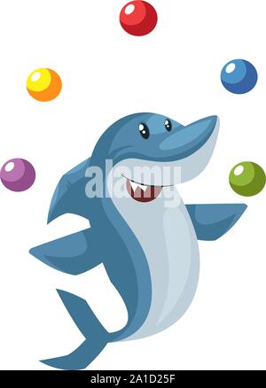 Shark juggling, illustration, vector on white background. Stock Vector
