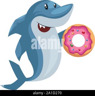 Shark with donut, illustration, vector on white background. Stock Vector