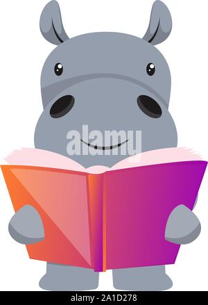 Hippo reading book, illustration, vector on white background. Stock Vector