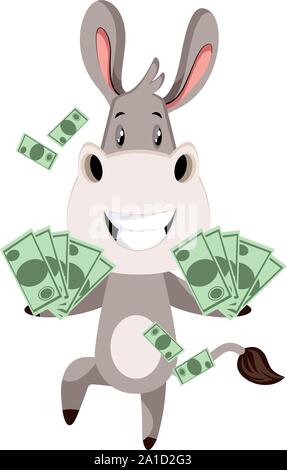 Donkey with money, illustration, vector on white background. Stock Vector