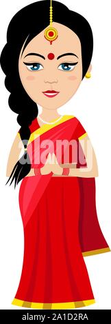 Indian woman praying, illustration, vector on white background. Stock Vector