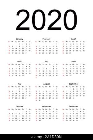 Calendar 2020. Black and white mock up calendar. Week starts from Sunday. Vertical calendar design template. Isolated vector illustration on white bac Stock Vector