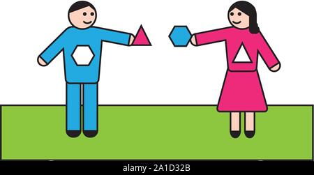 Man and woman with each one piece in hand to complete each other Stock Vector