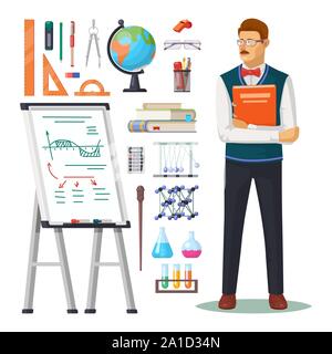 Teacher with book and school education items Stock Vector