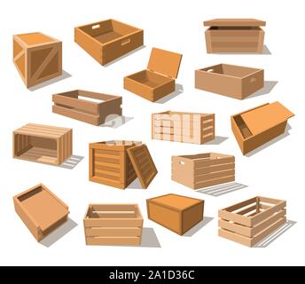 Wooden packages or realistic wood boxes Stock Vector