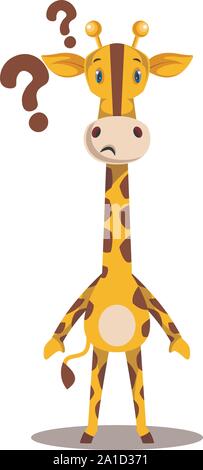 Giraffe with question marks, illustration, vector on white background. Stock Vector