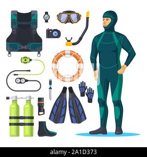 Diver in scuba diving suit, snorkeling man. Stock Vector