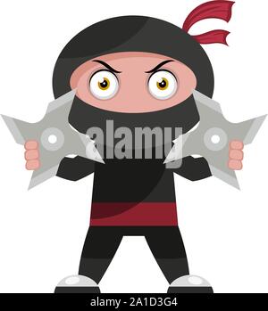 Ninja with shurikens, illustration, vector on white background. Stock Vector