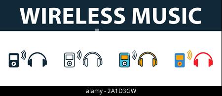 Wireless Music icon set. Premium symbol in different styles from fitness icons collection. Creative wireless music icon filled, outline, colored and Stock Vector
