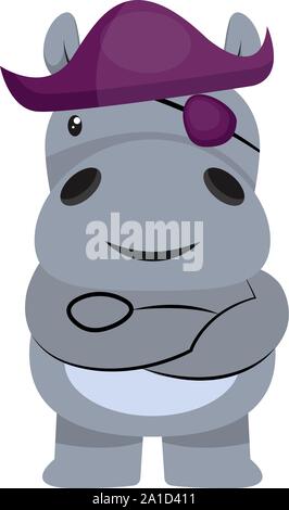 Hippo pirate, illustration, vector on white background. Stock Vector