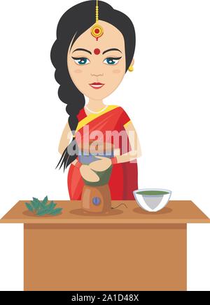 Indian woman making smoothie , illustration, vector on white background. Stock Vector