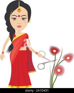 Indian woman with flowers , illustration, vector on white background. Stock Vector
