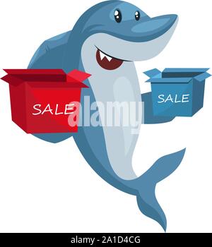 Shark with sale boxes, illustration, vector on white background. Stock Vector