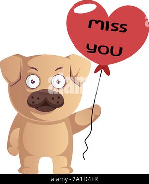 Pug with heart balloon, illustration, vector on white background. Stock Vector