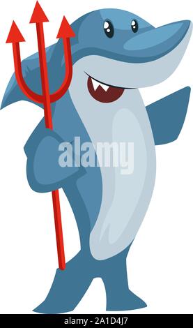 Shark with devil spear, illustration, vector on white background. Stock Vector