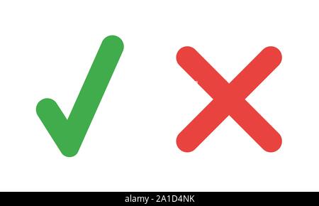 Vector icon set of check mark and x mark. Flat color style. Stock Vector